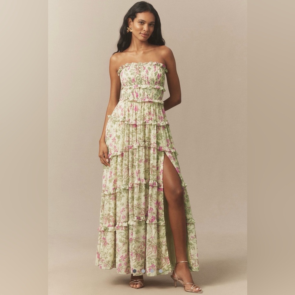 BHLDN Floral Chiffon Strapless Ruched Tiered A-Line Midi Dress